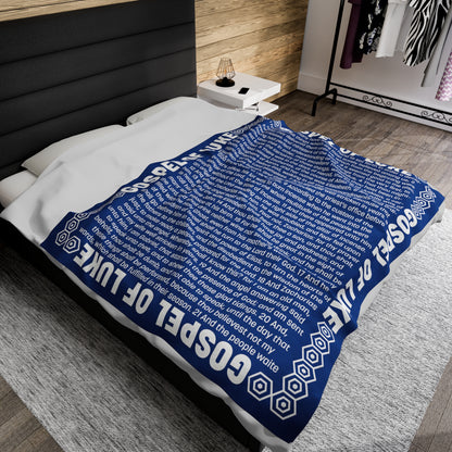 Gospel Plush Blanket, in Blue Color, with Gospel of Luke Print, from "Four Gospels" Collection.