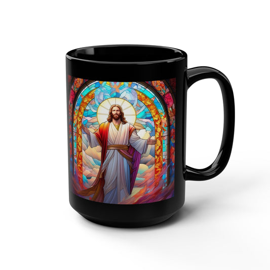 JESUS COFFEE MUG - John 11:25, Jesus Said I AM Stained-Glass Collection, 15 oz, black