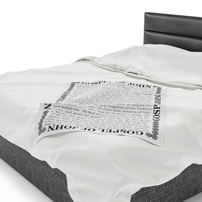 Gospel Plush Blanket, in White Color, with Gospel of John Print, from "Four Gospels" Collection.
