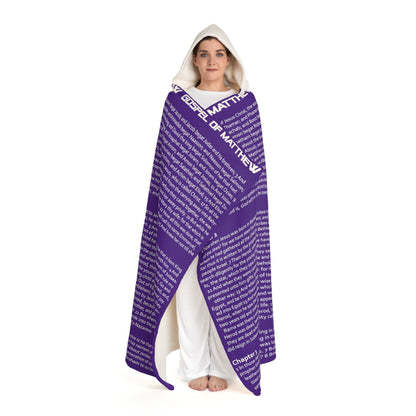 Biblical Hooded Sherpa Fleece Blanket, in Purple Color, with Gospel of Mathew Print, from "Four Gospels" Collection.