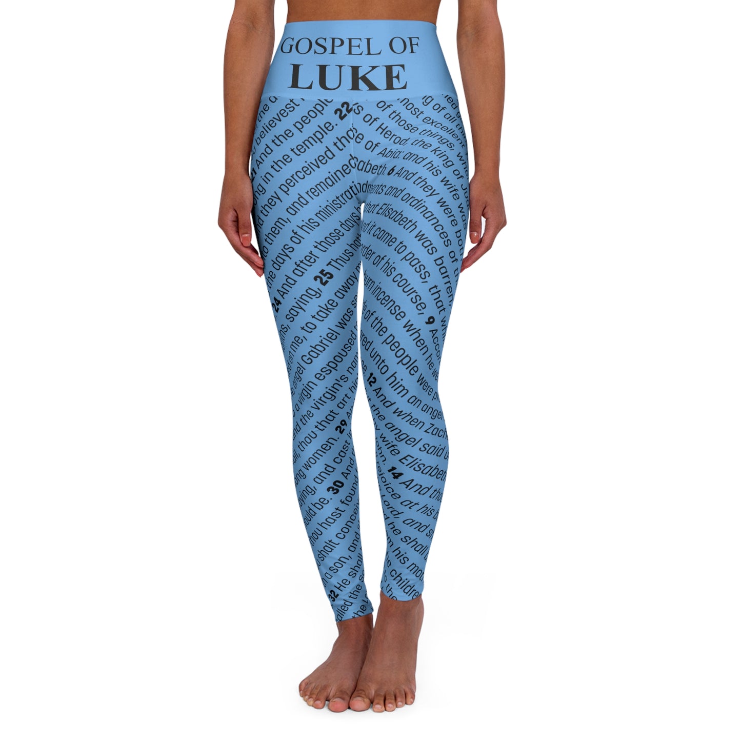 Luxury High Waisted Leggings for Prayer and Meditation, Running, or Exercise, in Sky Blue Color, with Gospel of Luke Print, from "Four Gospels" Collection.