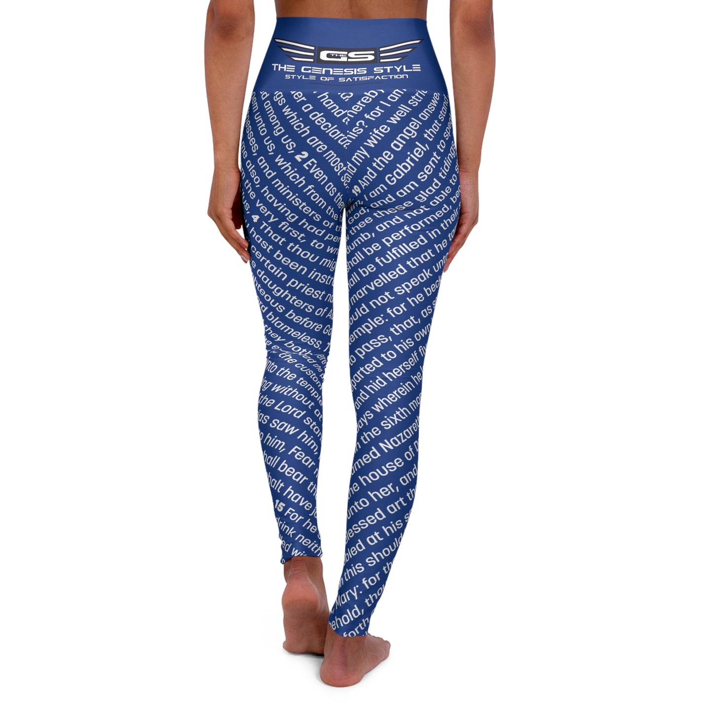 Luxury High Waisted Leggings for Prayer and Meditation, Running, or Exercise, in Blue Color, with Gospel of Luke Print, from "Four Gospels" Collection.