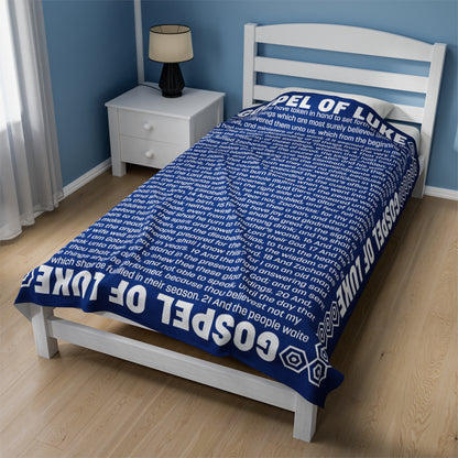 Gospel Plush Blanket, in Blue Color, with Gospel of Luke Print, from "Four Gospels" Collection.