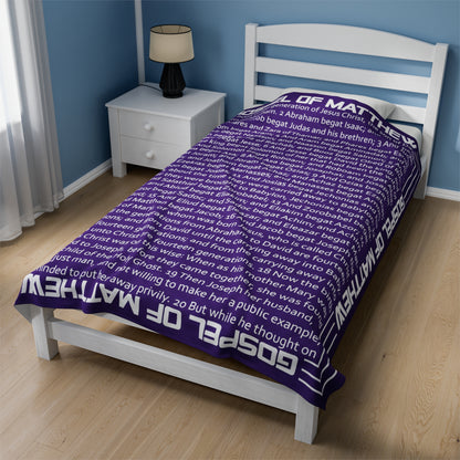 Gospel Plush Blanket, in Purple Color, with Gospel of Mathew Print, from "Four Gospels" Collection.