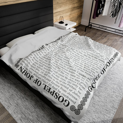 Gospel Plush Blanket, in White Color, with Gospel of John Print, from "Four Gospels" Collection.