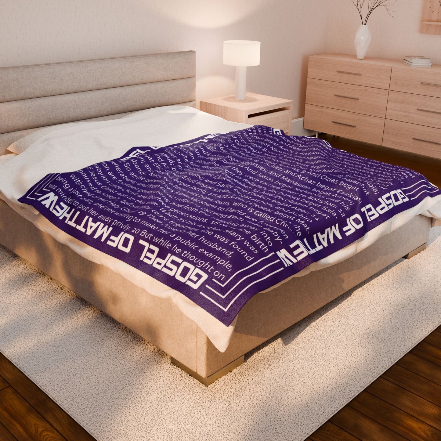 Gospel of Matthew Purple Velveteen Plush Blanket with Scriptures Print