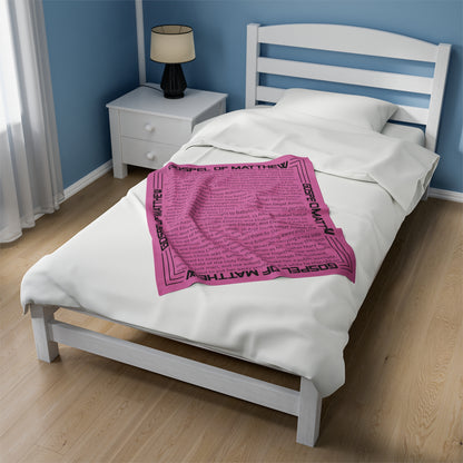Gospel Plush Blanket, in Pink Color, with Gospel of Matthew Print, from "Four Gospel" Collection.