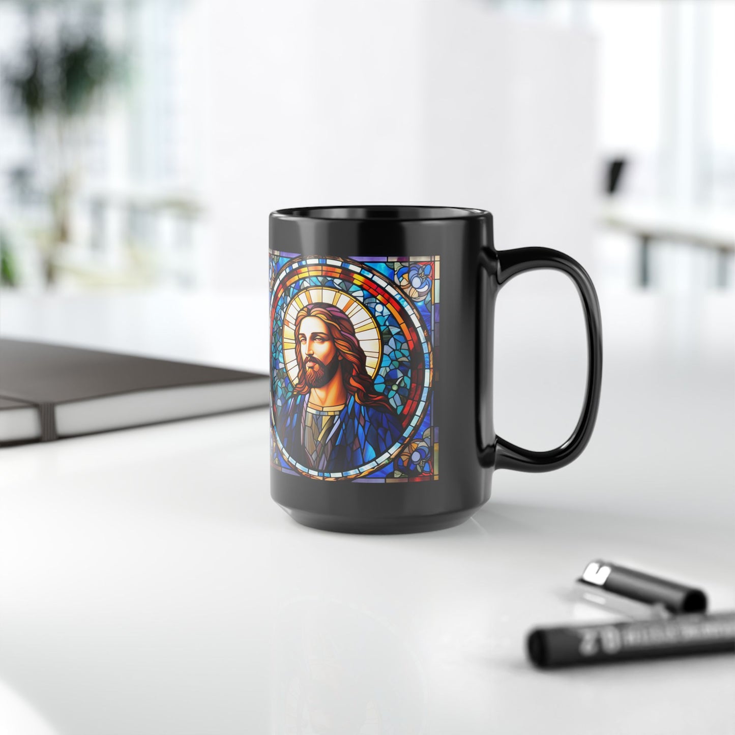 JESUS COFFEE MUG - John 14:6, Jesus Said I AM Stained-Glass Collection, 15 oz, black