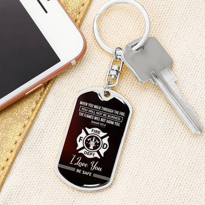 Stunning ISAIAH 43:2 Graphic Dog Tag Keychain with YOUR PERSONAL ENGRAVING for FIRE FIGHTER