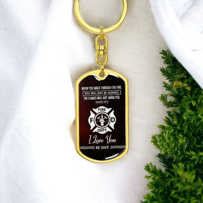 Stunning ISAIAH 43:2 Graphic Dog Tag Keychain with YOUR PERSONAL ENGRAVING for FIRE FIGHTER