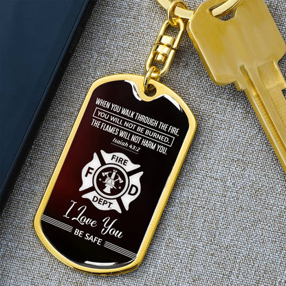 Stunning ISAIAH 43:2 Graphic Dog Tag Keychain with YOUR PERSONAL ENGRAVING for FIRE FIGHTER