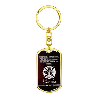 Stunning ISAIAH 43:2 Graphic Dog Tag Keychain with YOUR PERSONAL ENGRAVING for FIRE FIGHTER