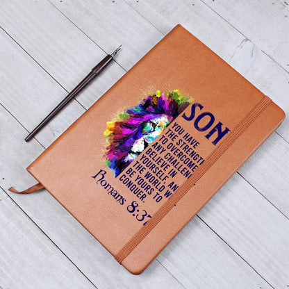 Impressive Graphic Leather Journal with ROMANS 8:37 message FOR YOUR SON