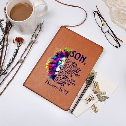 Impressive Graphic Leather Journal with ROMANS 8:37 message FOR YOUR SON