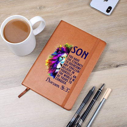 Impressive Graphic Leather Journal with ROMANS 8:37 message FOR YOUR SON