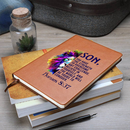 Impressive Graphic Leather Journal with ROMANS 8:37 message FOR YOUR SON
