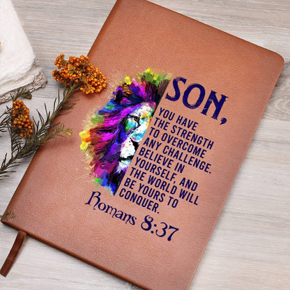 Impressive Graphic Leather Journal with ROMANS 8:37 message FOR YOUR SON