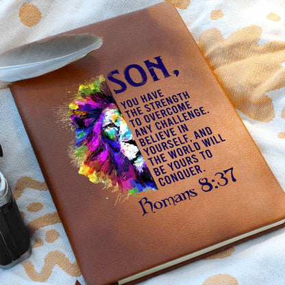 Impressive Graphic Leather Journal with ROMANS 8:37 message FOR YOUR SON