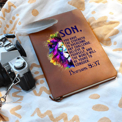 Impressive Graphic Leather Journal with ROMANS 8:37 message FOR YOUR SON