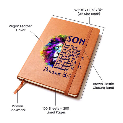 Impressive Graphic Leather Journal with ROMANS 8:37 message FOR YOUR SON
