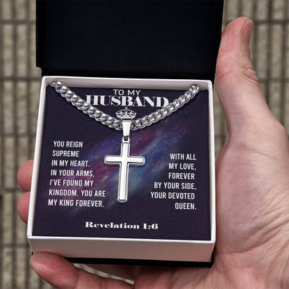 Remarkable Artisan Cross Necklace on Cuban Chain with REVELATION 1:6 Message Card JUST FOR YOUR HUSBAND
