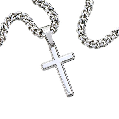 Remarkable Artisan Cross Necklace on Cuban Chain with REVELATION 1:6 Message Card JUST FOR YOUR HUSBAND