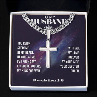 Remarkable Artisan Cross Necklace on Cuban Chain with REVELATION 1:6 Message Card JUST FOR YOUR HUSBAND