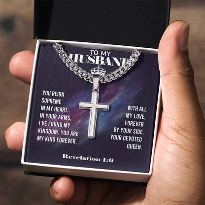 Remarkable Artisan Cross Necklace on Cuban Chain with REVELATION 1:6 Message Card JUST FOR YOUR HUSBAND