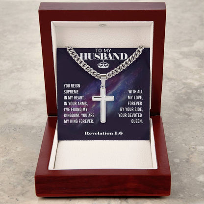 Remarkable Artisan Cross Necklace on Cuban Chain with REVELATION 1:6 Message Card JUST FOR YOUR HUSBAND