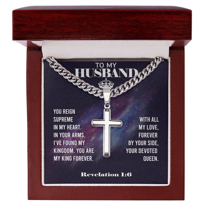 Remarkable Artisan Cross Necklace on Cuban Chain with REVELATION 1:6 Message Card JUST FOR YOUR HUSBAND