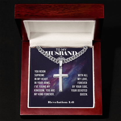 Remarkable Artisan Cross Necklace on Cuban Chain with REVELATION 1:6 Message Card JUST FOR YOUR HUSBAND