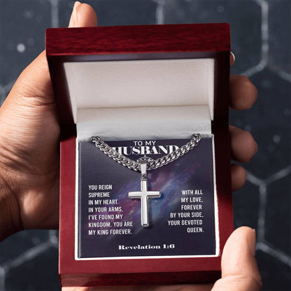 Remarkable Artisan Cross Necklace on Cuban Chain with REVELATION 1:6 Message Card JUST FOR YOUR HUSBAND