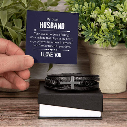 Trending Men's Luxury "THE CROSS" Leather Bracelet with Love Message Card for YOUR DEAR HUSBAND