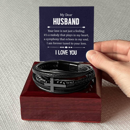 Trending Men's Luxury "THE CROSS" Leather Bracelet with Love Message Card for YOUR DEAR HUSBAND