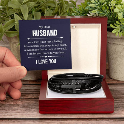 Trending Men's Luxury "THE CROSS" Leather Bracelet with Love Message Card for YOUR DEAR HUSBAND