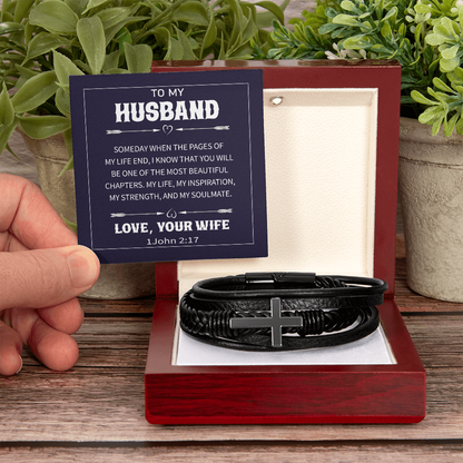 Trending Men's Luxury "The Cross" Leather Bracelet with Love Message Card JUST FOR HIM